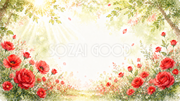 木漏れ日とレッドフラワー背景・フレーム【無料・高画質PNG】癒やしの花イラスト93424
