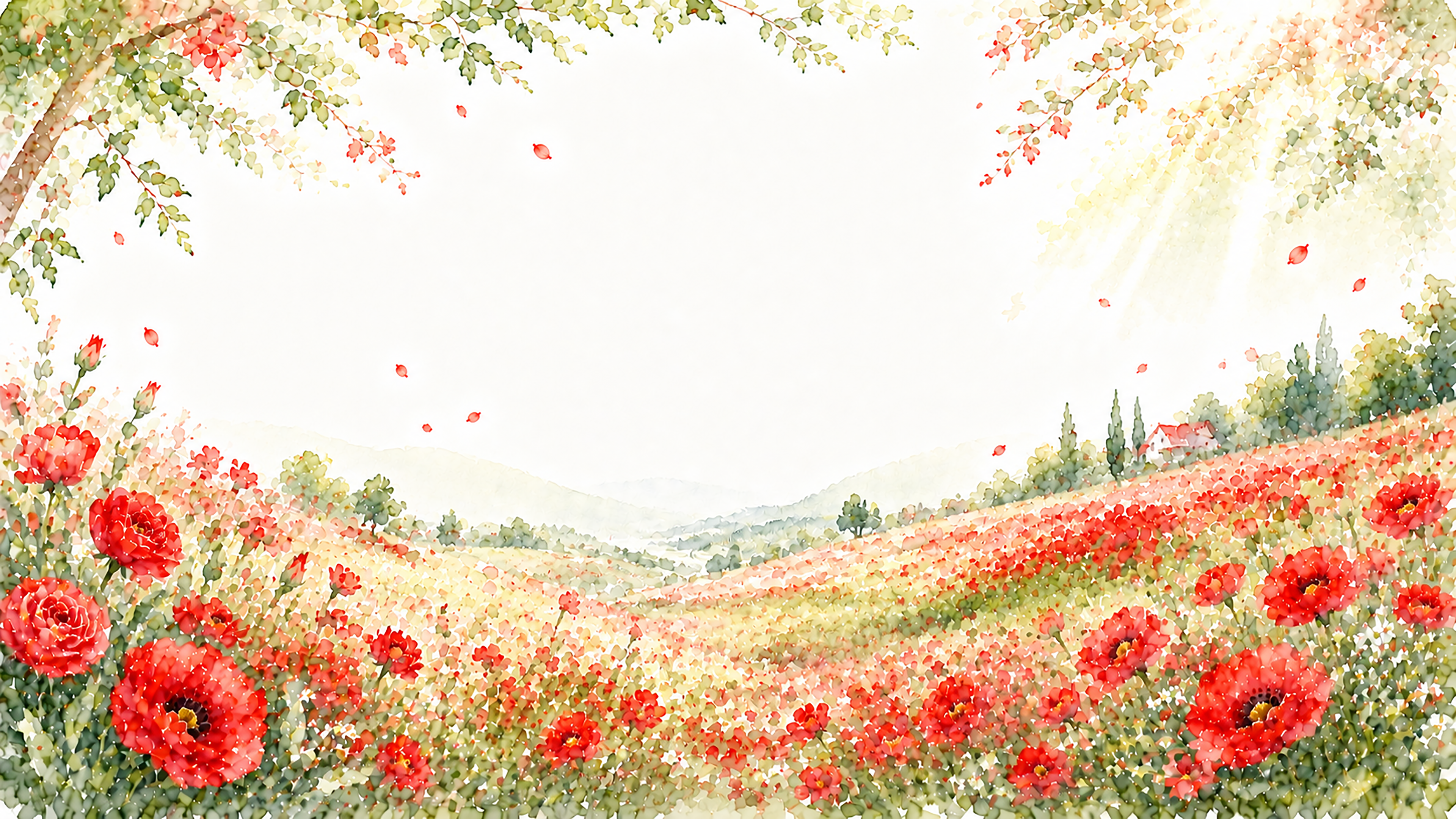 レッドフラワーの丘背景・フレーム【無料・高画質PNG】赤い花畑の風景イラスト93425に写真・文字を入れる