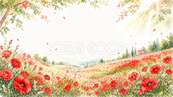 レッドフラワーの丘背景・フレーム【無料・高画質PNG】赤い花畑の風景イラスト93425