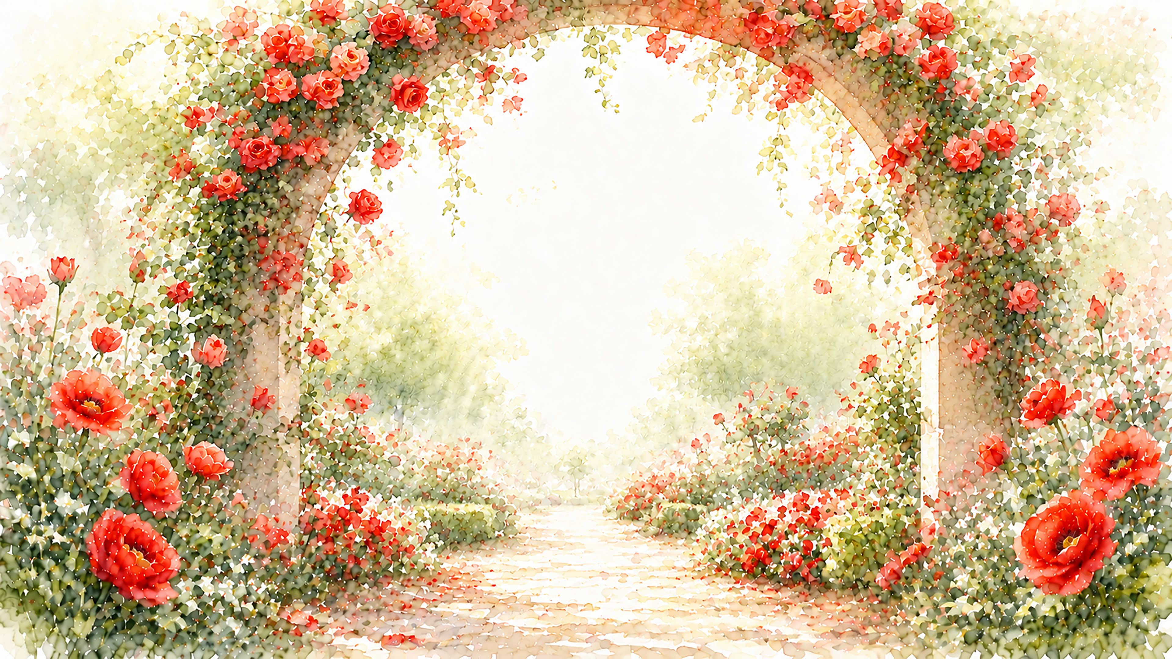 レッドフラワーアーチ背景・フレーム【無料・高画質PNG】奥行きのある花園イラスト93426に写真・文字を入れる