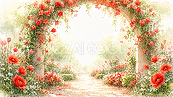 レッドフラワーアーチ背景・フレーム【無料・高画質PNG】奥行きのある花園イラスト93426