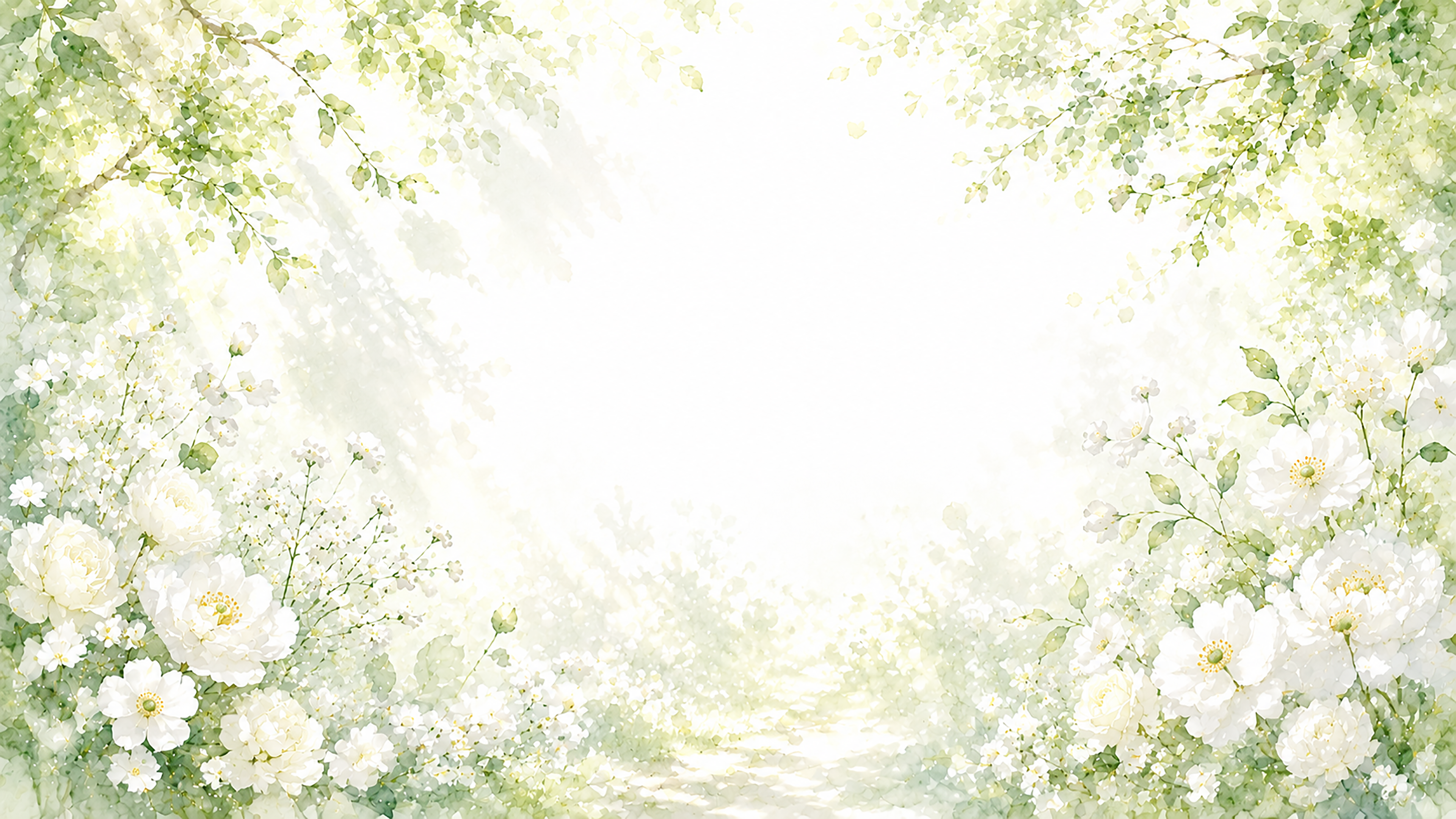 木漏れ日とホワイトフラワー背景・フレーム【無料・高画質PNG】癒やしの白い花素材93446に写真・文字を入れる