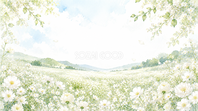 白い花畑背景・フレーム【無料・高画質PNG】爽やかな自然風景素材93450