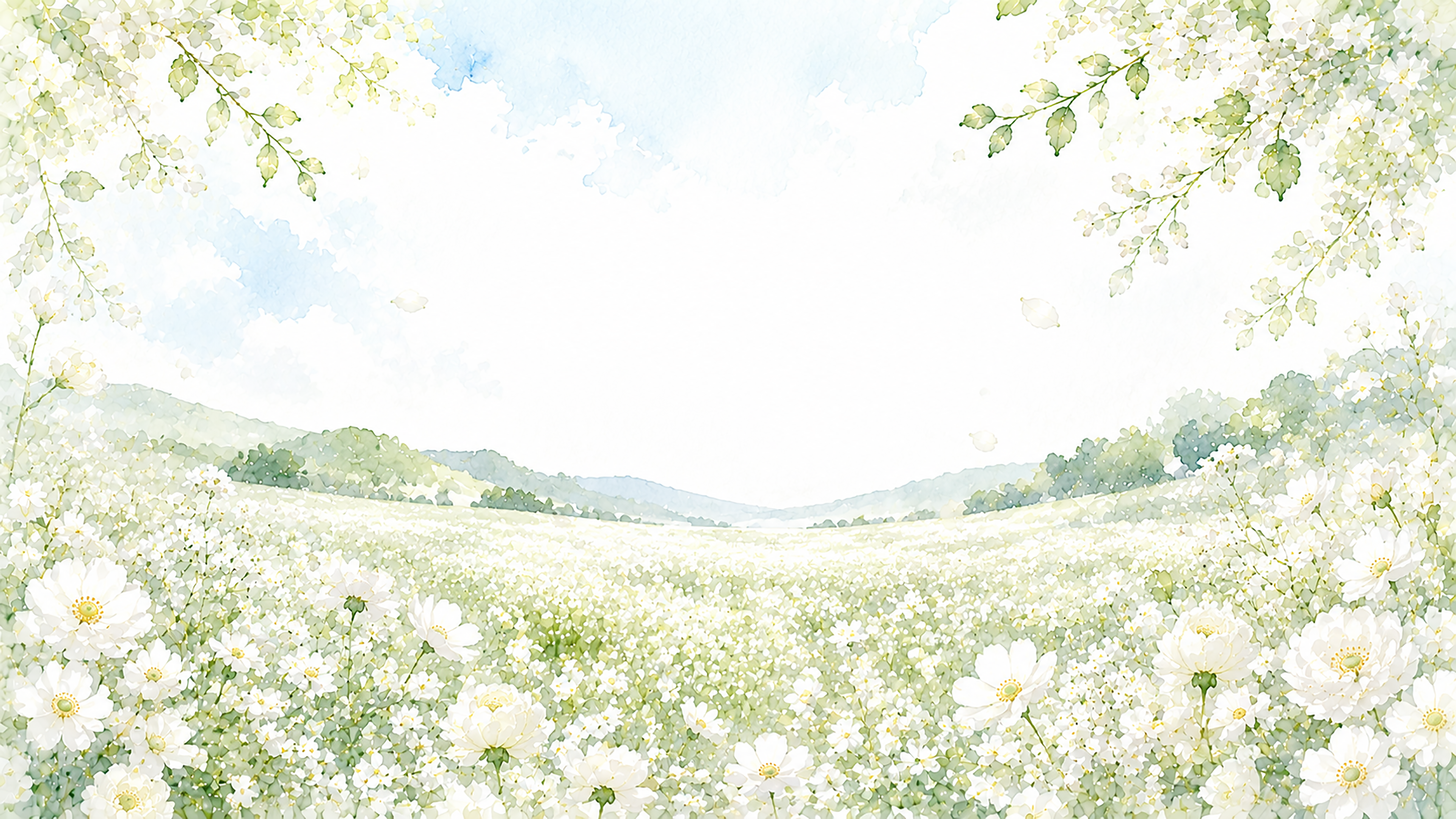 白い花畑背景・フレーム【無料・高画質PNG】爽やかな自然風景素材93450に写真・文字を入れる
