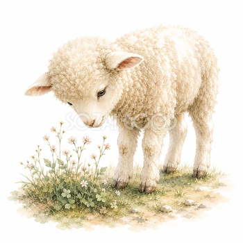 小さな花を見つめる羊イラスト【無料・高画質PNG】93495