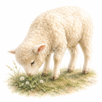 草の香りを楽しむ羊イラスト【無料・高画質PNG】93496
