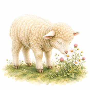 花の香りを楽しむ羊イラスト【無料・高画質PNG】93504