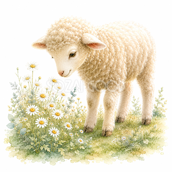デイジーを見つめる羊の無料イラスト｜花と暮らすプレミアム羊 PNG93507