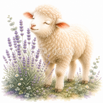 ラベンダーと羊の無料イラスト｜花と暮らすプレミアム羊 PNG93512