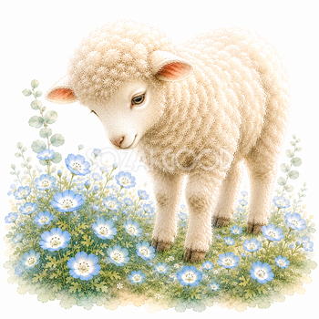 ネモフィラを眺める羊の無料イラスト｜花と暮らすプレミアム羊 PNG93513