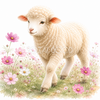 コスモスと歩く羊の無料イラスト｜花と暮らすプレミアム羊 PNG93514