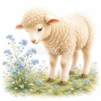 勿忘草を見つめる羊の無料イラスト｜花と暮らすプレミアム羊 PNG93516