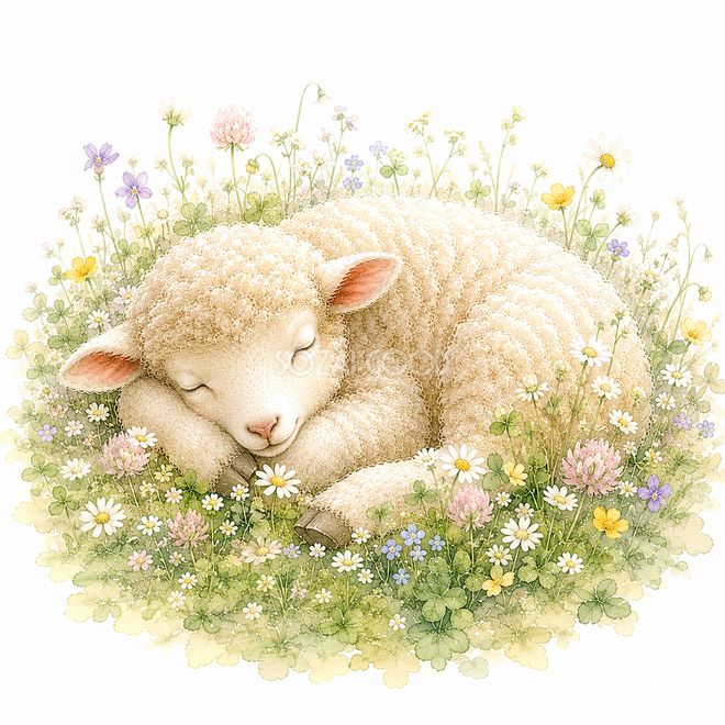 野花に囲まれて眠る羊の無料イラスト｜花と暮らすプレミアム羊 PNG93517