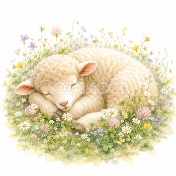 野花に囲まれて眠る羊の無料イラスト｜花と暮らすプレミアム羊 PNG93517