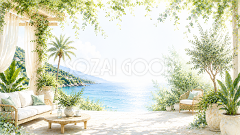 ボタニカルリゾート背景【無料PNG】高画質・ホテルラウンジ素材93527