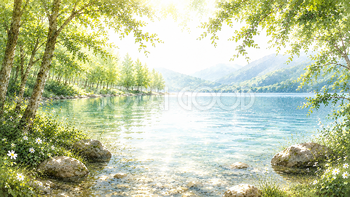 湖畔と木漏れ日の背景素材｜水面に光がきらめく風景【無料】93535