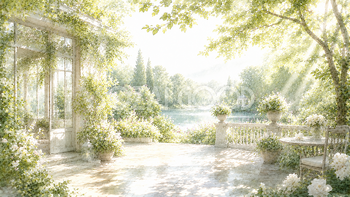 湖と庭園の木漏れ日背景素材｜プレミアムガーデン風景【無料】93544