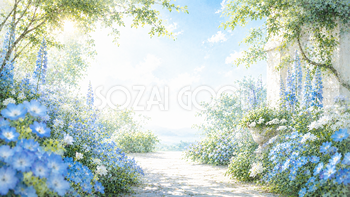青い花と木漏れ日の背景素材｜ネモフィラガーデン【無料】93553