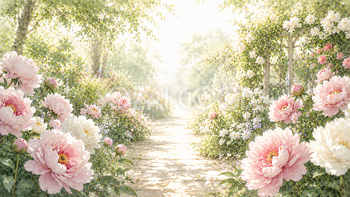 芍薬ガーデンの背景素材｜木漏れ日と花の小道【無料】93555