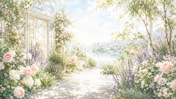 プレミアムフラワーガーデン背景素材｜花と木漏れ日の庭園【無料】93557