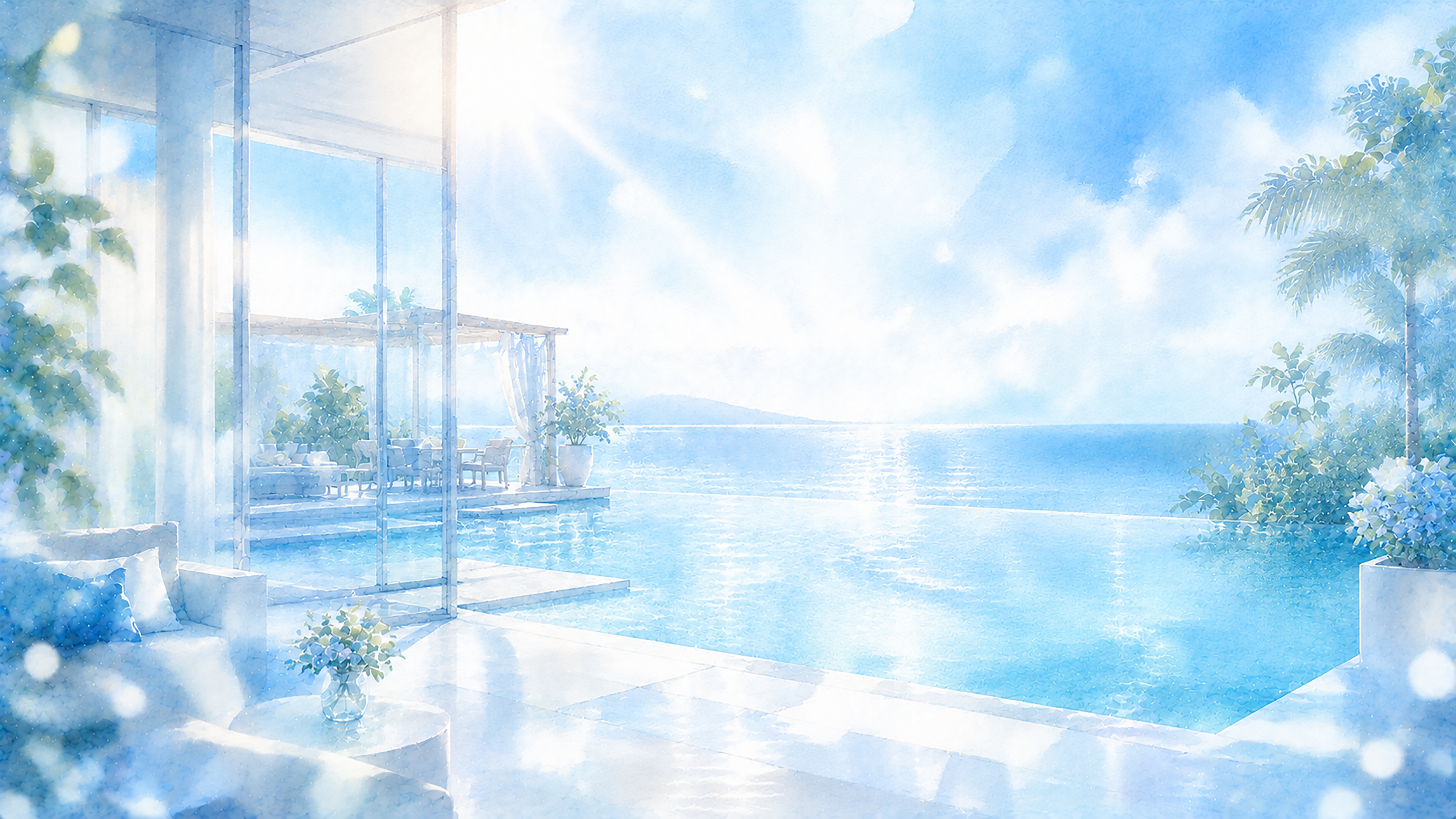 Blue Resort Lounge 背景素材【無料PNG】リゾートホテルの青い光背景93580に写真・文字を入れる