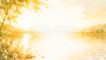 Golden Sunrise Glow 背景素材【無料PNG】朝日と湖畔の黄金色背景93585