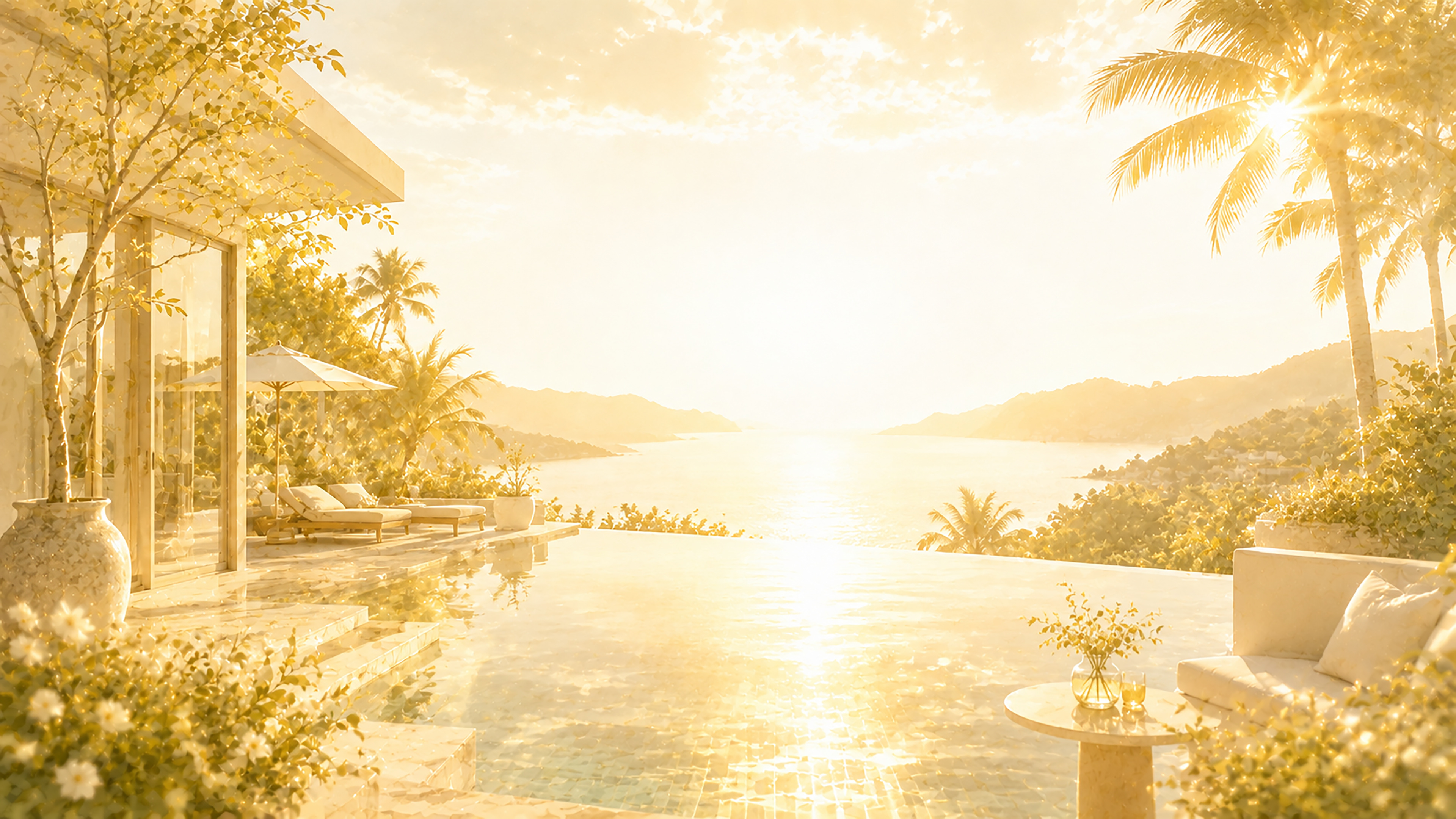Luxury Golden Resort 背景素材【無料PNG】高級リゾートホテルの朝日背景93589に写真・文字を入れる