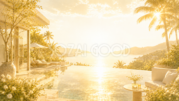Luxury Golden Resort 背景素材【無料PNG】高級リゾートホテルの朝日背景93589