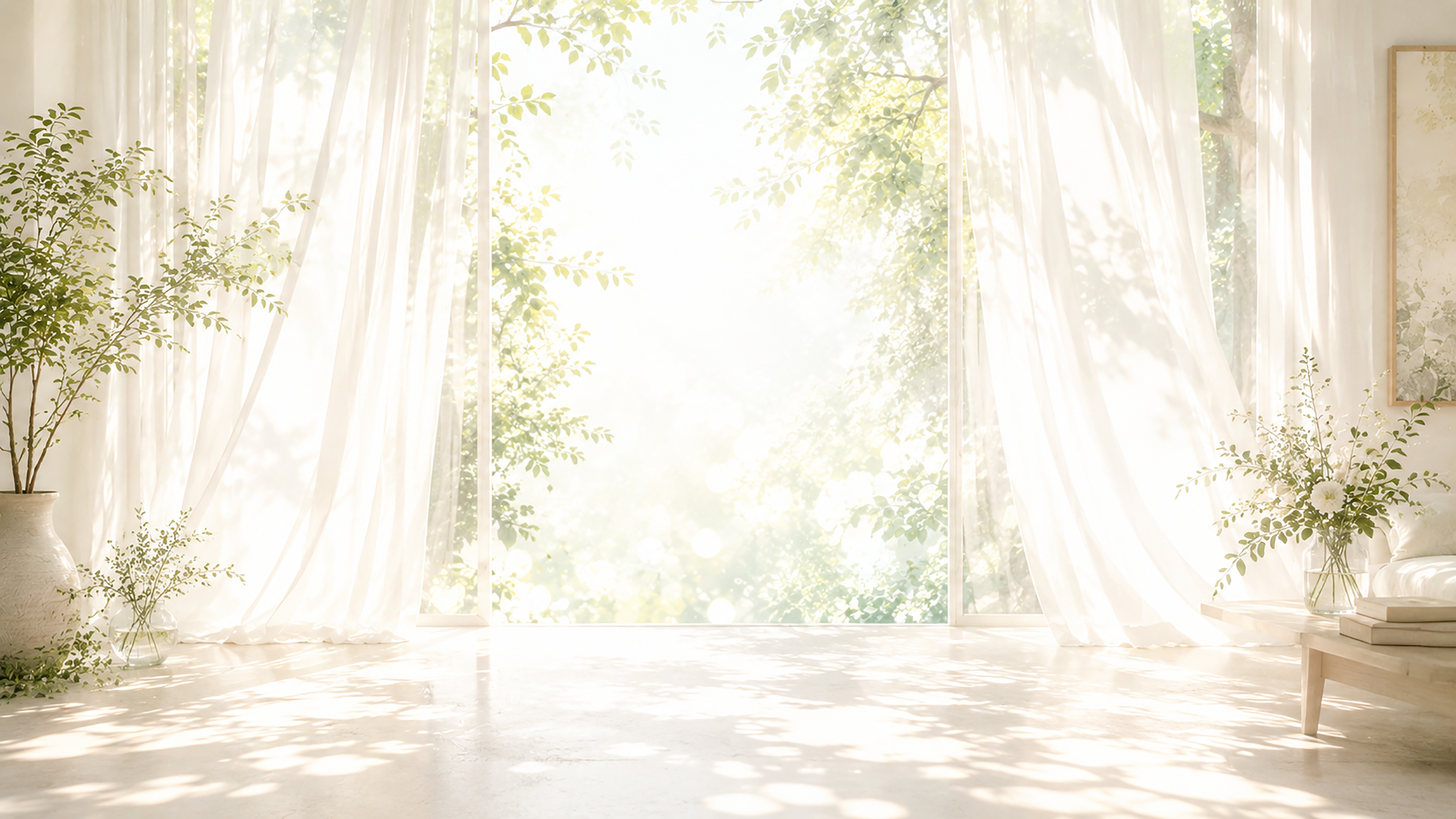 白いカーテンと自然光の背景イラスト｜White Curtain Light【無料・高画質PNG】93639に写真・文字を入れる