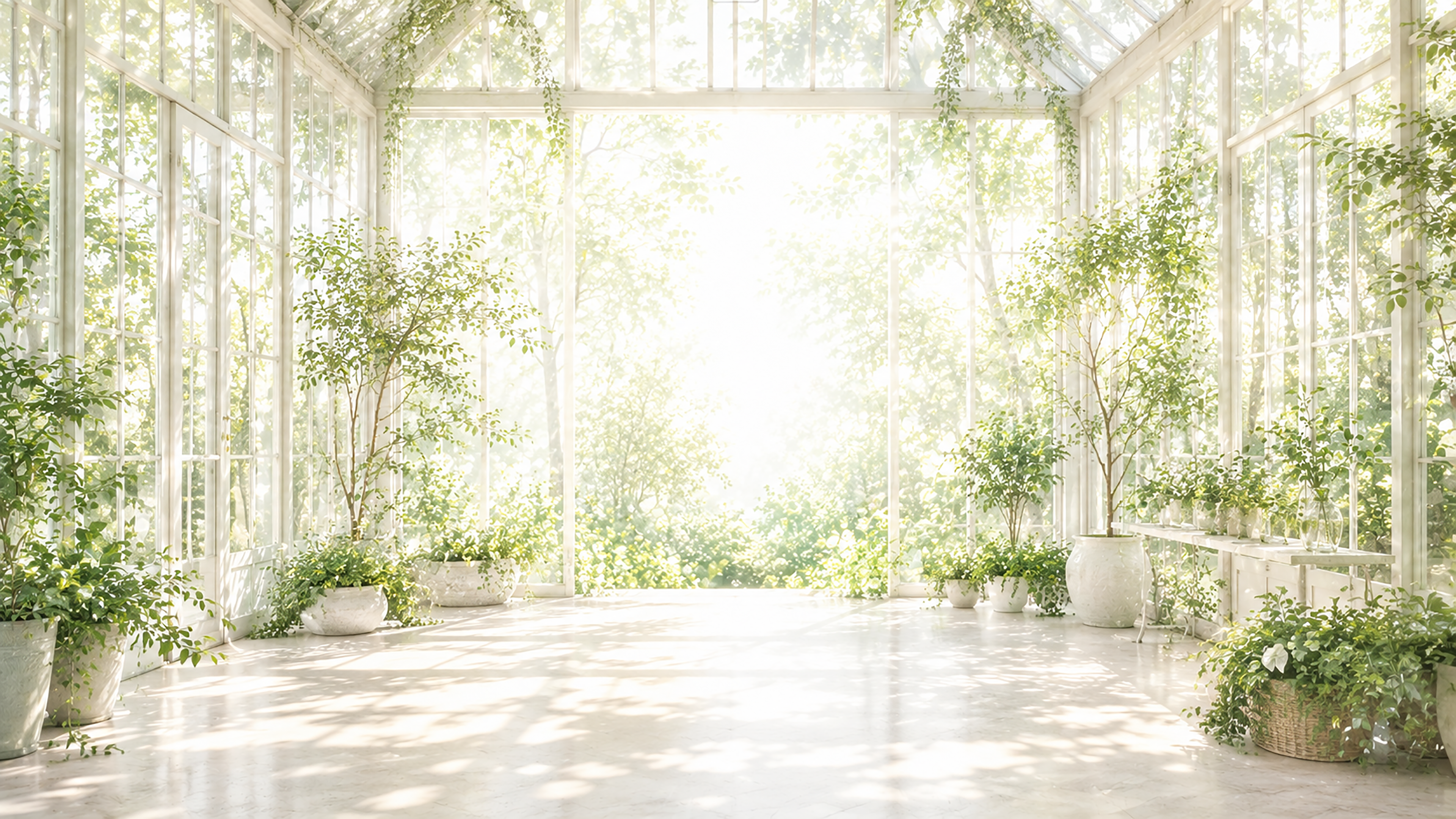 ガラスルームと植物の背景イラスト｜Botanical Glass Room【無料・高画質PNG】93640に写真・文字を入れる