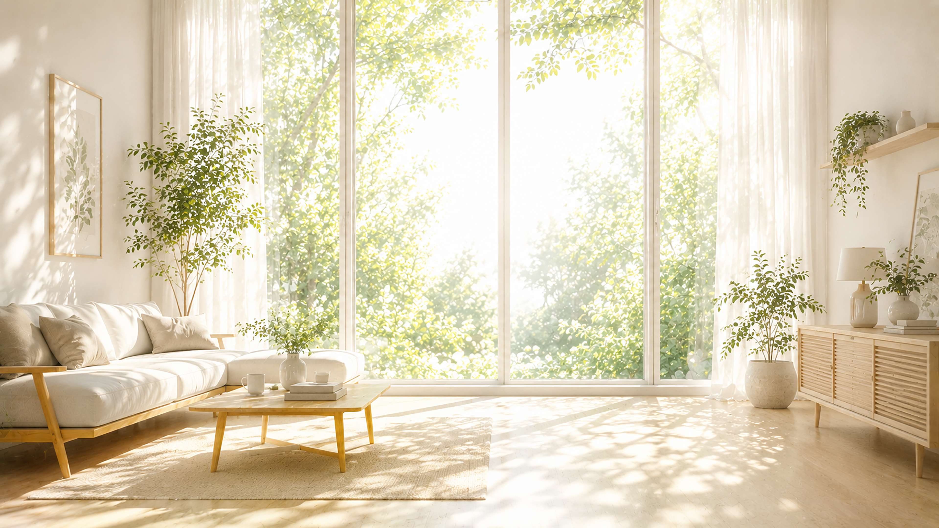 北欧リビングと自然光の背景イラスト｜Scandinavian Living【無料・高画質PNG】93643に写真・文字を入れる