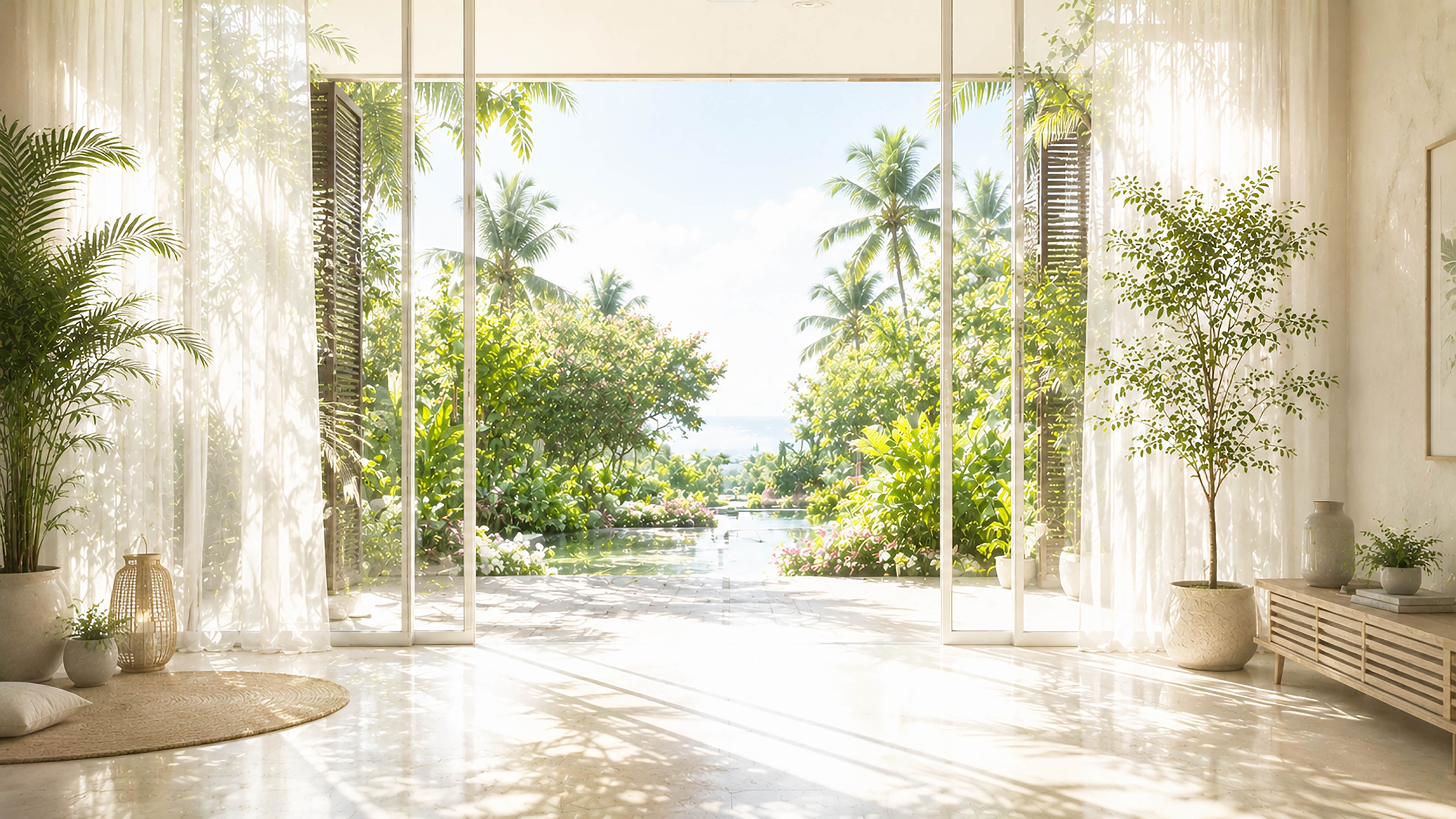 リゾートガーデンを望む窓の背景イラスト｜Botanical Resort View【無料・高画質PNG】93646に写真・文字を入れる