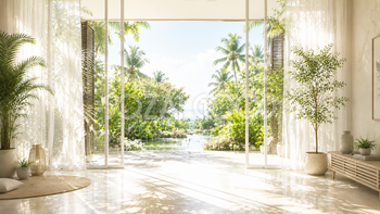 リゾートガーデンを望む窓の背景イラスト｜Botanical Resort View【無料・高画質PNG】93646