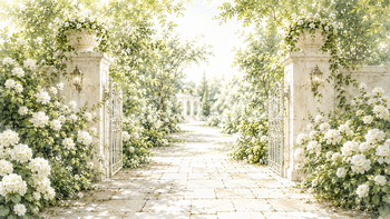 白い花々と庭園入口の背景イラスト｜White Garden Entrance【無料・高画質PNG】93651