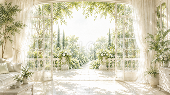庭園へ続く窓とテラスの背景イラスト｜Garden Window Terrace【無料・高画質PNG】93653