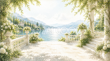 湖畔のボタニカルテラス背景イラスト｜Lakeside Botanical Terrace【無料・高画質PNG】93654