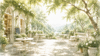 ガーデンカフェテラス背景イラスト｜Garden Café Terrace【無料・高画質PNG】93657