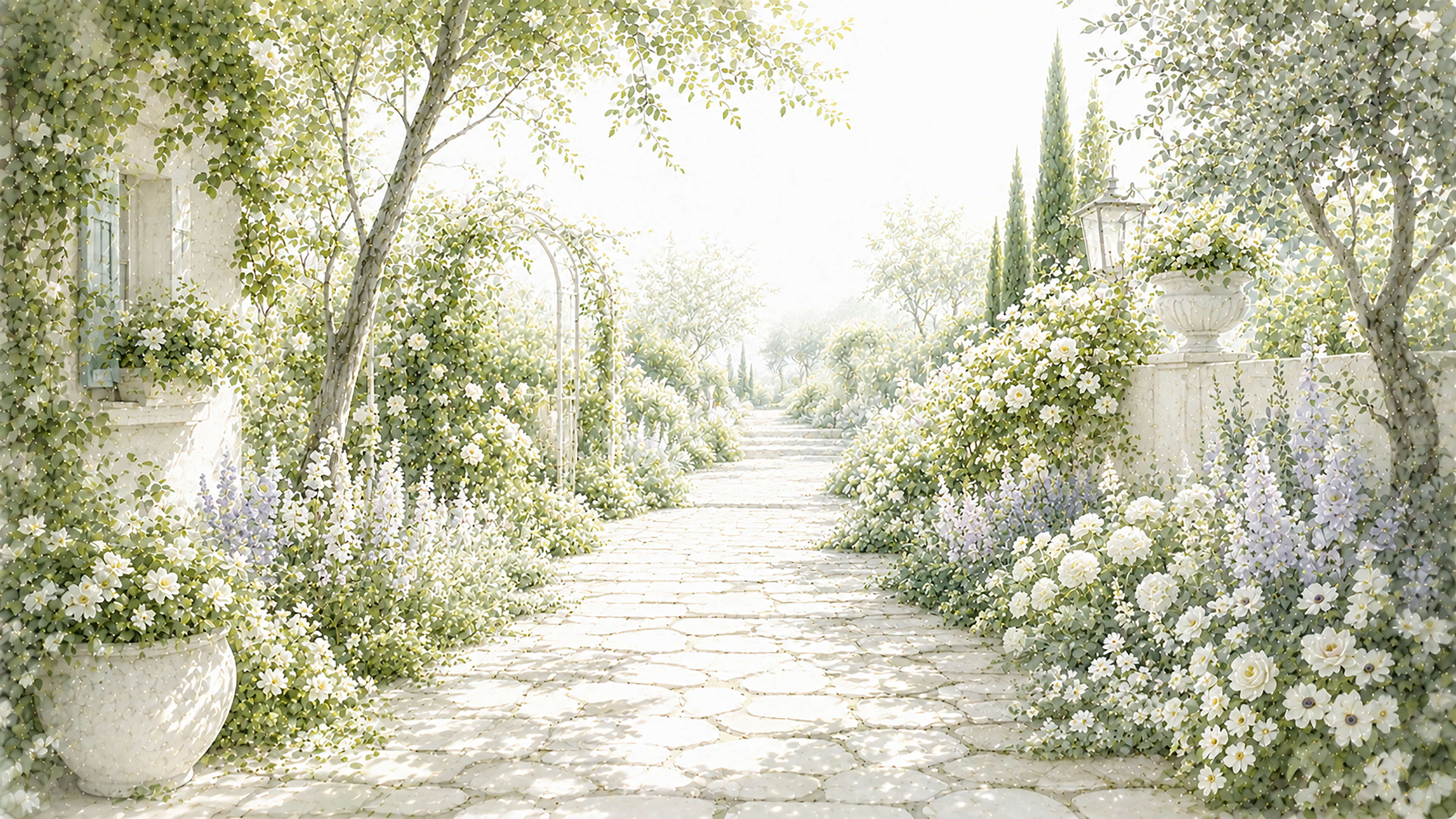白い石畳のガーデン小道背景イラスト｜White Stone Garden Path【無料・高画質PNG】93659に写真・文字を入れる