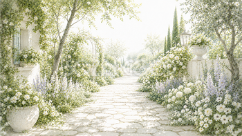 白い石畳のガーデン小道背景イラスト｜White Stone Garden Path【無料・高画質PNG】93659