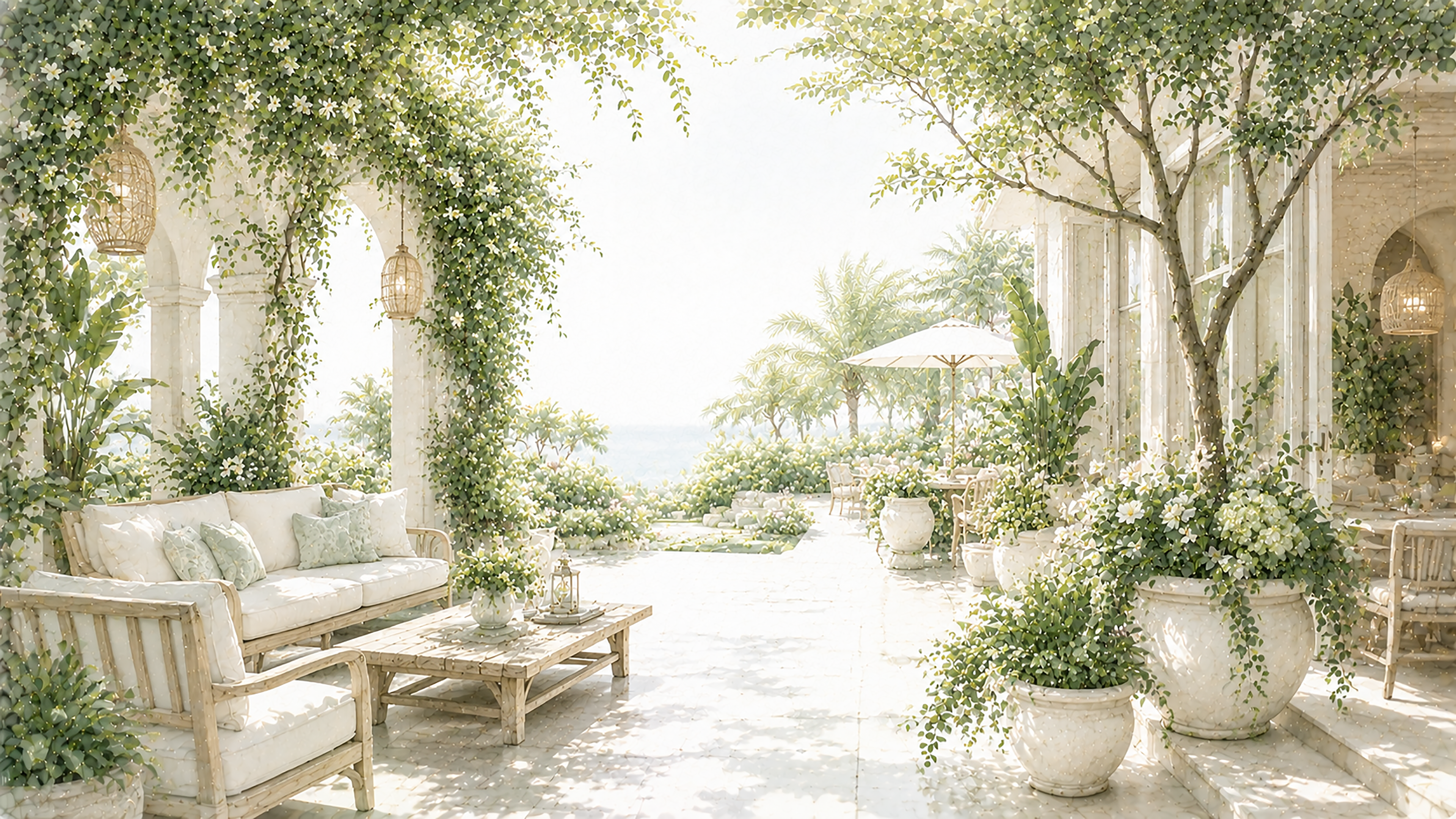 リゾートガーデンラウンジ背景イラスト｜Resort Garden Lounge【無料・高画質PNG】93660に写真・文字を入れる