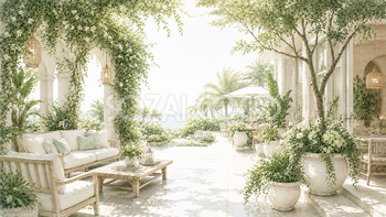リゾートガーデンラウンジ背景イラスト｜Resort Garden Lounge【無料・高画質PNG】93660