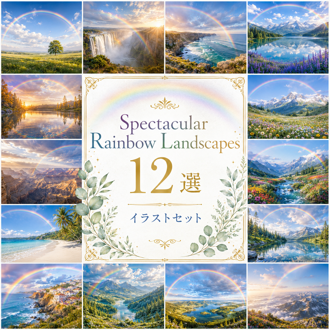 虹の絶景背景イラスト12選【無料・高画質PNG】自然・風景・壁紙素材｜素材Good93676に写真・文字を入れる