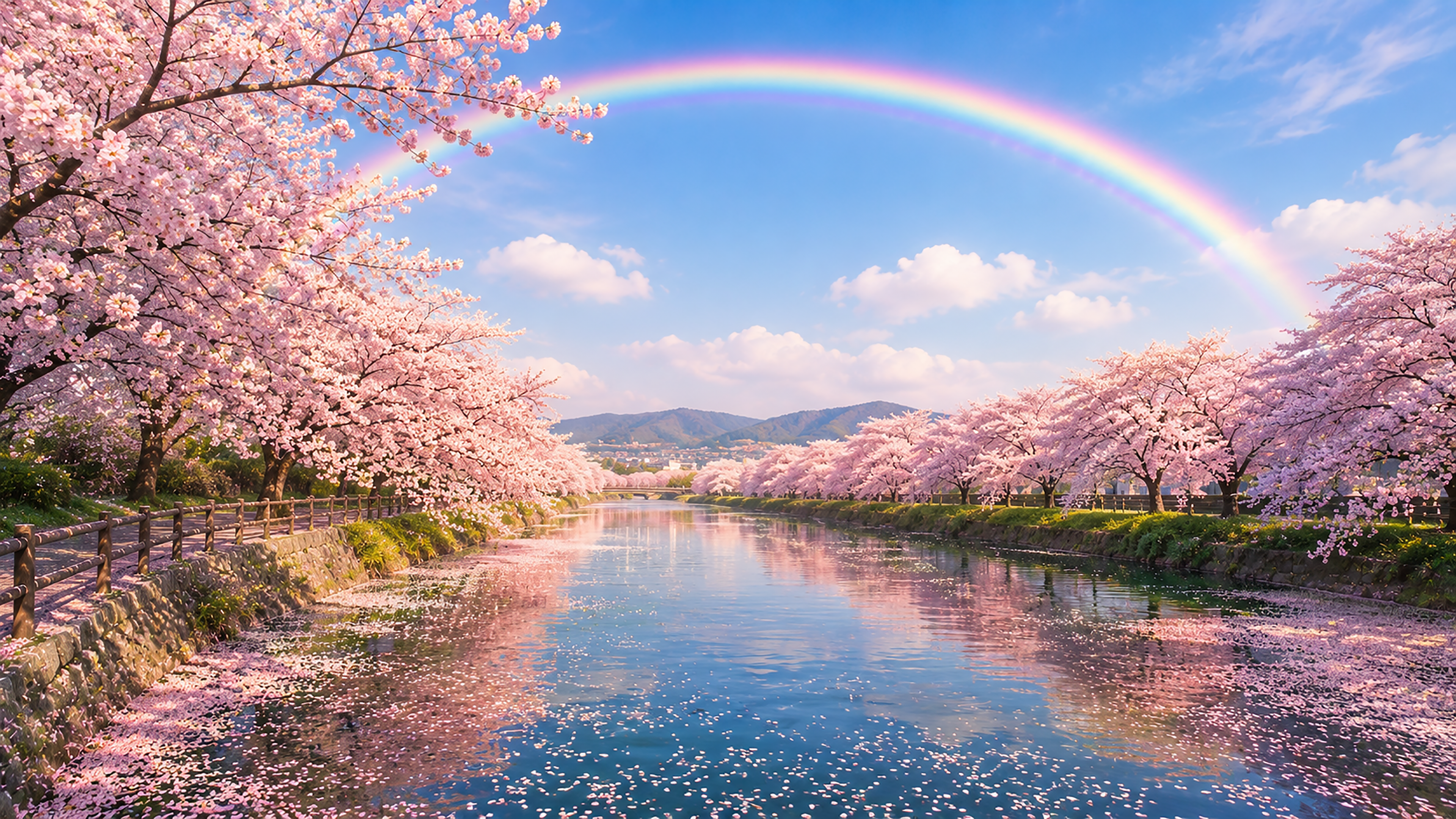 桜並木と虹の背景イラスト【無料PNG】93681に写真・文字を入れる