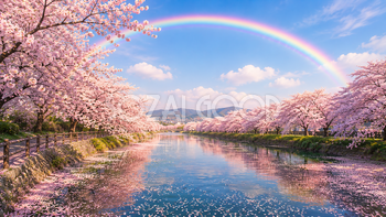 桜並木と虹の背景イラスト【無料PNG】93681
