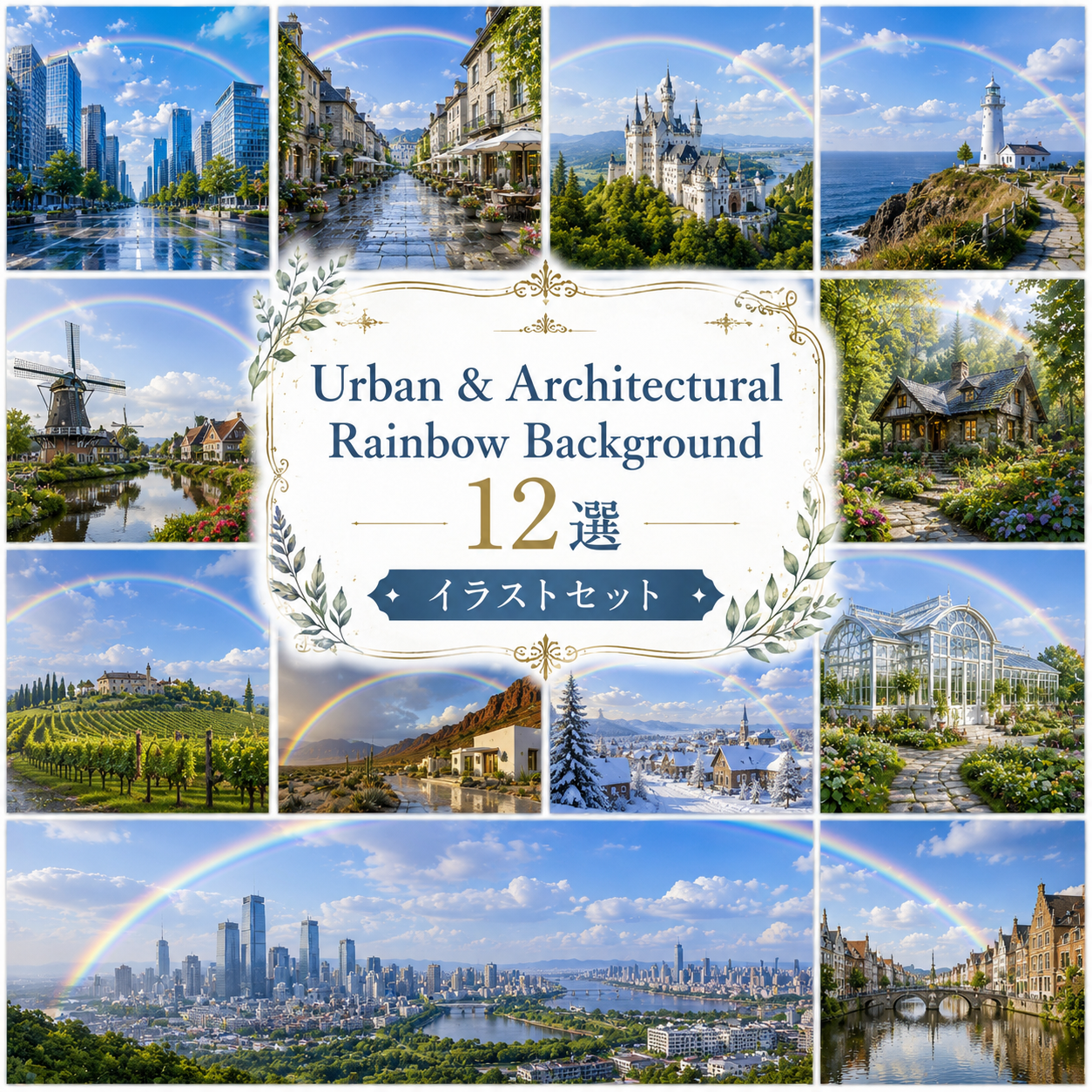 都市と建築に架かる虹の背景イラスト12選【無料・高画質PNG】Urban & Architectural Rainbow Background93689に写真・文字を入れる