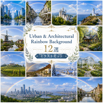 都市と建築に架かる虹の背景イラスト12選【無料・高画質PNG】Urban & Architectural Rainbow Background93689
