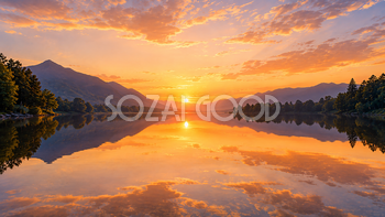 夕暮れの水鏡背景イラスト【無料・高画質】夕焼けの湖93723