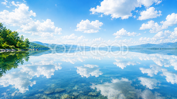 白い雲を映す湖面背景イラスト【無料・高画質】青空と水鏡93724
