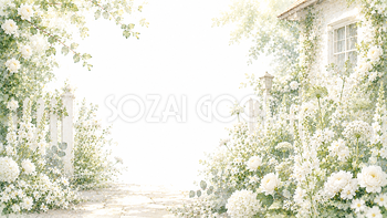 英国風ホワイトガーデン背景・フレームイラスト【無料・高画質PNG】93735