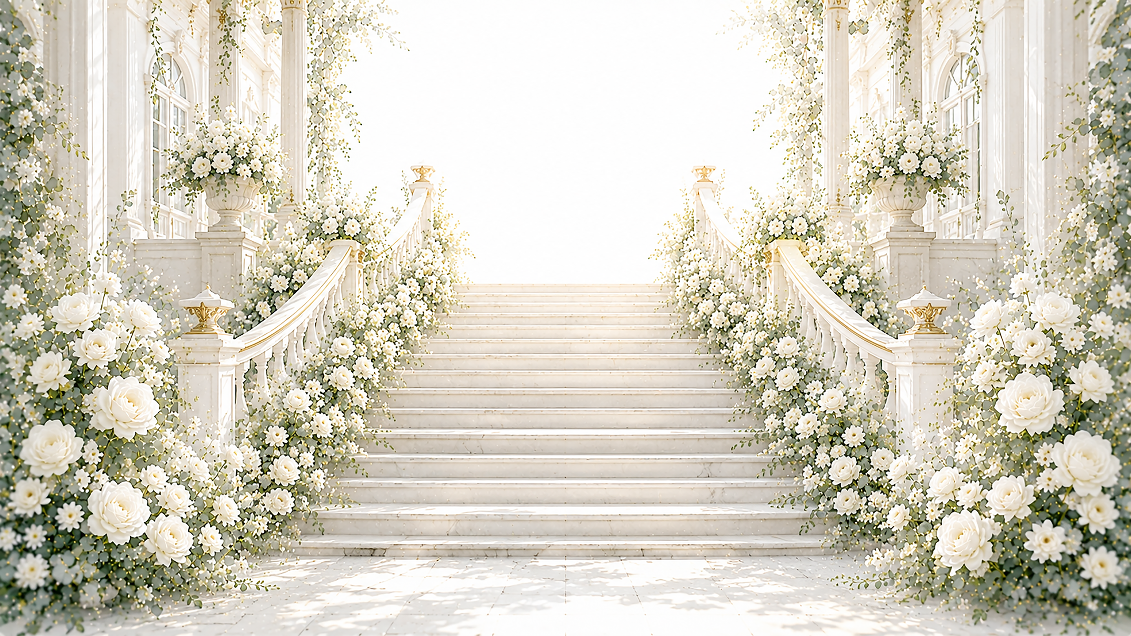 ホワイトローズ大階段背景・フレームイラスト【無料・高画質】White Collection93744に写真・文字を入れる
